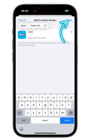 1Win iOS ana ekrana ekle butonu görünümü