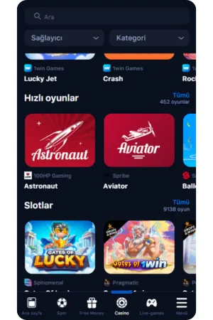 1Win uygulamasında slot seçimi ekranı