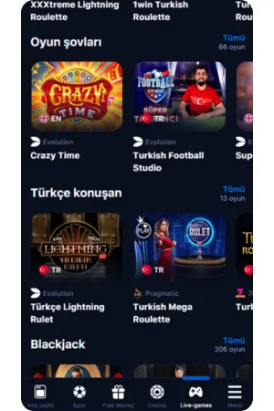 1Win canlı oyunlar bölümü ekran görüntüsü