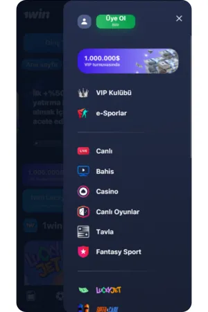 1Win uygulaması ana menü ekranı